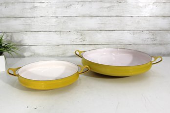 Set Of 2 Dansk Yellow Enamel Cast Iron Buffet Servers  France 9.5' & 13' Round