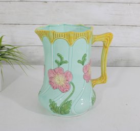Seymour Mann Majolica Style Floral Pitcher  Hand Painted Art Pottery, 9H, Pastel Green & Yellow