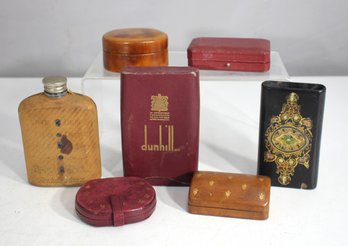 Vintage Collectible Lot  Leather Cases, Dunhill Box, Flask & Trinket Boxes