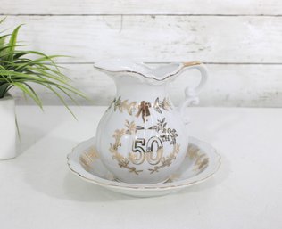 Lefton 50th Anniversary Gold Trim Pitcher & Bowl Set  Vintage Porcelain, Pitcher 5.5', Bowl 7