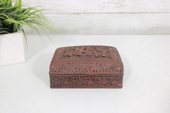 Vintage Asian Style Carved Red Lacquer Jewelry Trinket Box 6' X 4' X 2.5'