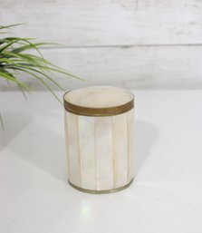 Vintage 3.5' Mother Of Pearl Lidded Trinket Box W/ Brass Trim  Iridescent Vanity Jar
