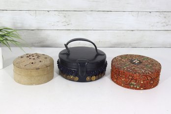 Vintage Decorative Trinket Box Lot  Embroidered & Handcrafted Jewelry Boxes (3 Pieces)