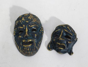 Pair Of Vintage Tragedy & Comedy Wall Masks  Blue And Gold Theater Faces 4' & 6'