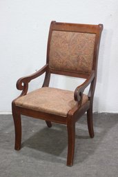 Vintage Mahogany Scroll Arm Accent Chair  Classic Upholstered Design