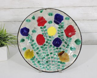 Vintage 11.5' Signed KERAM Mid-Century French Art Pottery Plate  Hand-Painted Floral Design