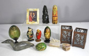 Unique Assorted Collectibles Lot  Hand-Carved Figurines, Painted Eggs, Onyx Boxes & More