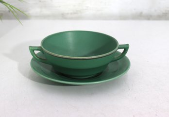 Wedgwood Green Two-Handled Soup Cup & Saucer  England  Classic Tableware