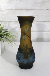 Signed Mile Gall Style Cameo Art Glass Vase  Dragonfly & Water Lily Design, 9'H