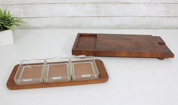 Vintage Dansk Teak Serving Tray Set W/ Glass Inserts  17.5' Board & 3 Covered Dishes Mid-Century