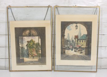 Pair Vintage Signed Color Etchings Rouen & French Street Scenes Cofer Framed 18' X 12'