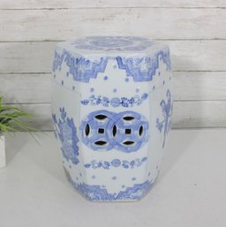Blue & White Porcelain Garden Stool  Asian Style Ceramic Accent Seat Or Table  12' H X 9' W