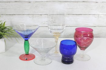 Vintage Art Glass Mixed Lot 5 Pieces Colorful Stemware Cups Goblets Barware