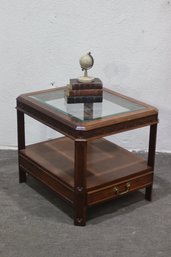 Vintage Glass-Top Wooden End Table With Drawer  Elegant & Functional
