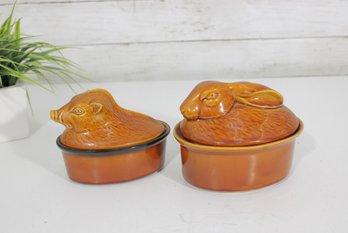 Vintage French Majolica Terrine Set  Wild Boar & Rabbit Covered Dishes 6' X 3.5'