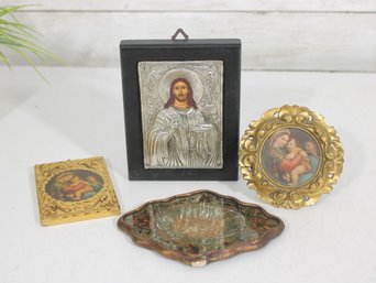 Vintage Religious Art Lot Icons Madonna & Child Jesus Plaque Frames Dish Mixed Group