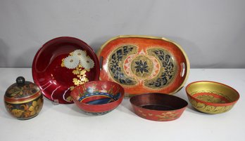 Lot Of Hand-Painted Decorative Bowls & Tray  Folk Art & Traditional Designs