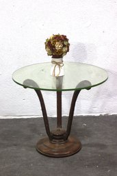 Vintage Glass-Top Accent Table With Ornate Wooden Base  Green-Tinted Glass