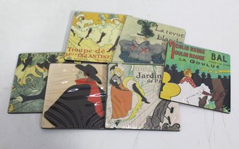 Set Of 6 Vintage Toulouse-Lautrec Paris Art Coasters  Moulin Rouge & French Poster Designs, 4' X 4'