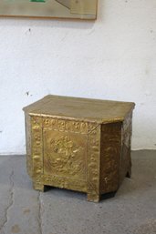 Vintage Brass Coal Box With Wood Interior And Relief Designs
