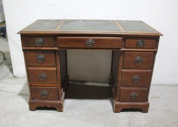 Vintage Mahogany Pedestal Desk With Green Leather Top And Brass Hardware