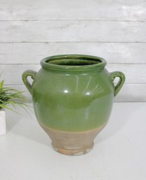 Vintage 10' Green Glazed Ceramic Pottery Urn Vase W/ Handles  Rustic Studio Pottery