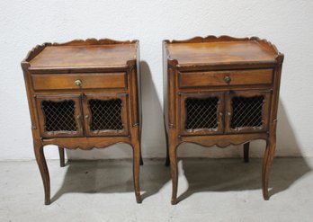 Pair Of Vintage French Provincial Nightstands With Brass Grille Doors And Drawer
