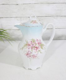 Antique Carl Tielsch Germany Porcelain Pitcher 9.5' Floral Blue W/ Lid Gold Trim
