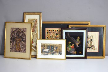 Eclectic Collection Of 7 Framed Art Prints & Mixed Media Works