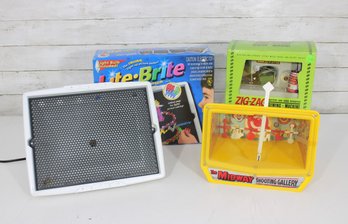 Vintage Toy & Game Lot  Lite-Brite, Midway Shooting Gallery, Zig-Zag Sewing Machine & Accessories  Untested