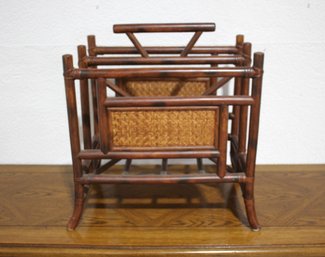 Vintage Bamboo And Wicker Magazine Rack With Handle  Mid-Century Design