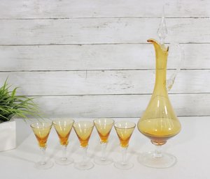 Vintage Hand Blown Amber Glass Decanter Set 15' W/ Stopper & 4 Cordial Glasses