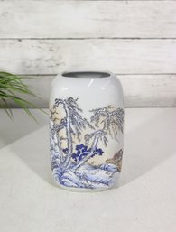 Vintage Asian Porcelain Vase  Blue & White Landscape Scene  7' Tall