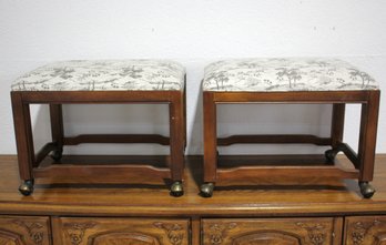 Pair Of Vintage Upholstered Footstools With Casters  Botanical Print
