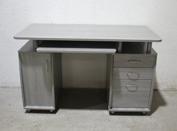 Modern Gray Wood Grain Office Desk With Storage And Keyboard Tray