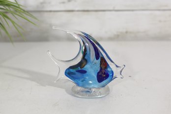 Murano Style Art Glass Fish Figurine  Blue & Clear Hand-Blown Glass Sculpture, 3.5'H