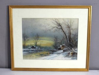 Signed Winter Landscape Oil Painting  Framed Snowy Cabin Scene