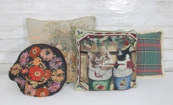 Vintage Decorative Throw Pillow Lot  Tapestry Hunt Scene, Kittens, Floral Round & Plaid  4 Pieces