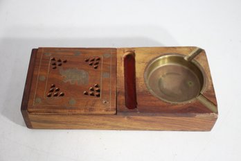 Vintage Handcrafted Wooden Ashtray & Storage Box  Brass Elephant Inlay (2H X 8.5W X 4D)