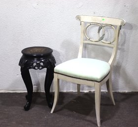 Vintage White Carved Accent Chair & Ornate Black Lacquer Side Table