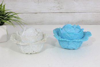 Pair Vintage 4' X 6.5' Molded Glass Cabbage Bowls  Turquoise & Milk Glass