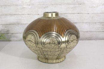 Large Vintage Brass & Enamel Decorative Vase  Art Deco Style, Crackle Glaze Finish, 12.5'H