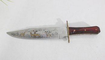 Vintage Fixed Blade Hunting Knife Etched Deer Scene Blade Wood Handle Brass Guard