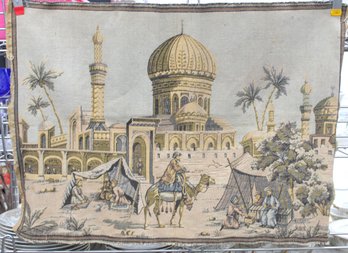 Vintage Middle Eastern Mosque Tapestry Wall Hanging  Camel & Desert Camp Scene  24' X 34'