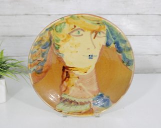Vintage 11.5' Hand-Painted Art Pottery Portrait Plate  Expressionist Female Face Wall Decor