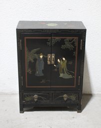 Antique Asian-Inspired Black Lacquer Cabinet With Hand-Painted Figures And Floral Detail
