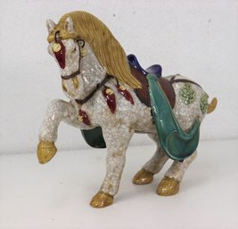 Crackle Glaze Ceramic Chinese Dynasty SanCai Horse In Full Dress  Good Decorative Quality