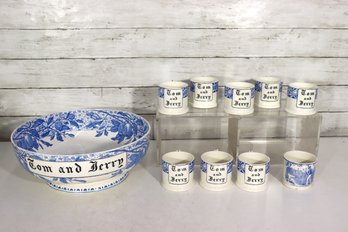 Staffordshire England Blue & White Tom And Jerry Punch Bowl Set  Bowl & 9 Cups