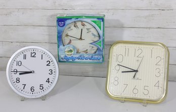 Lot Of 3 Wall Clocks  Singing Bird Clock W/ Box, White Modern Clock & Seth Thomas Square Clock