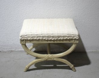 Vintage Neoclassical-Style Upholstered Vanity Stool With Curved X-Base